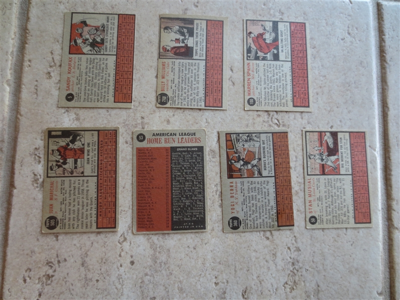 (7) different 1962 Topps Hall of Famer baseball cards with Koufax and Mantle in affordable condition!
