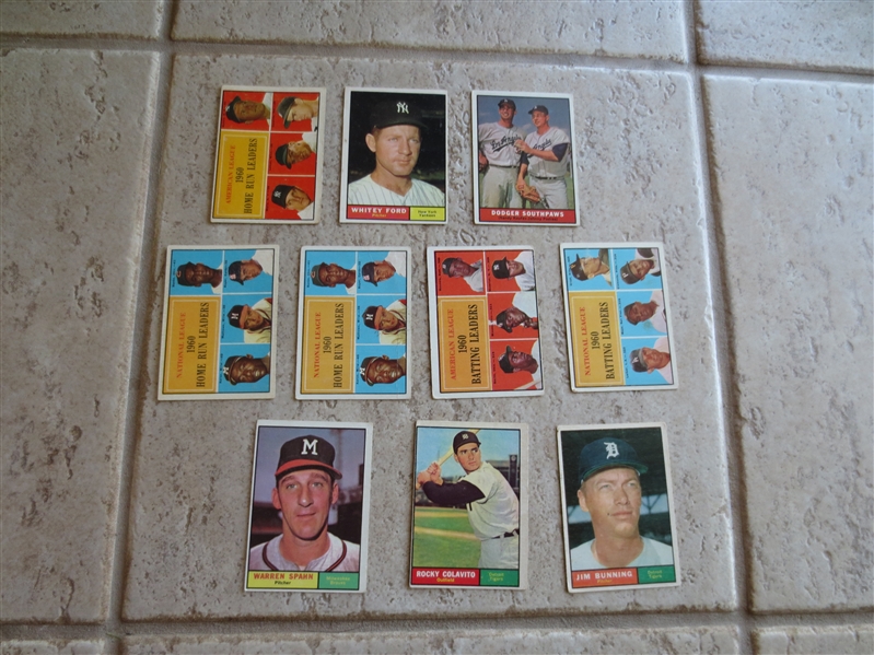 (10) 1961 Topps Baseball Cards of Superstars including Leader cards with Mantle and Aaron plus Dodger Southpaws with Koufax in affordable condition