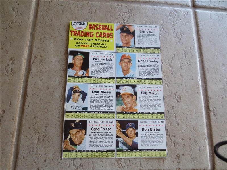 1961 Post Cereal Baseball Uncut Sheet of 7 with Billy Martin  NEAT!