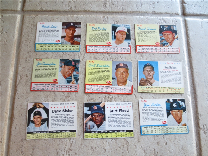 (9) 1960's Post Cereal Baseball Cards in nice condition---includes toughy Bob Purkey, Curt Flood and Ken Hubbs