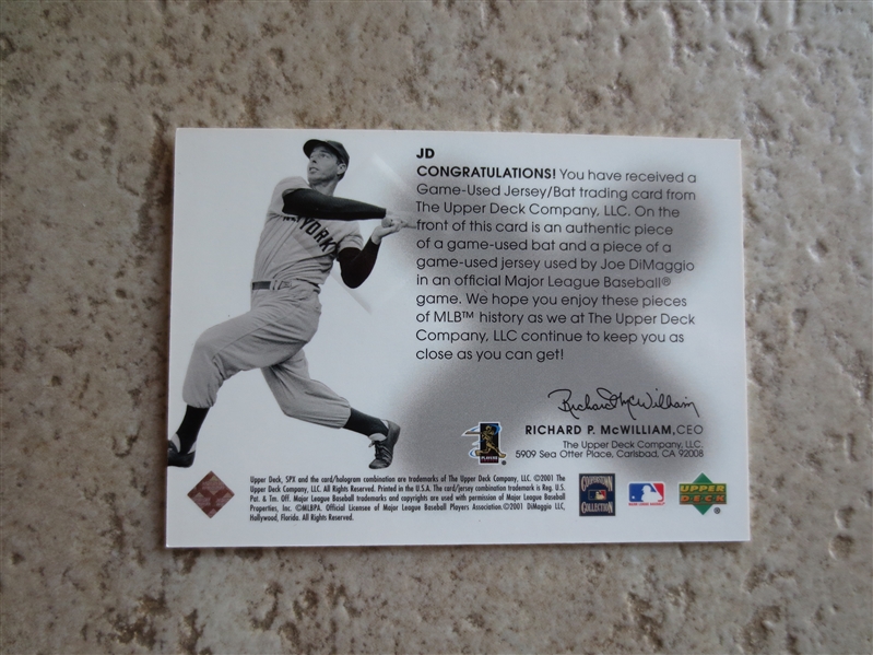 2001 Upper Deck SPx Winning Materials Joe DiMaggio Game Used Jersey /bat Baseball Card