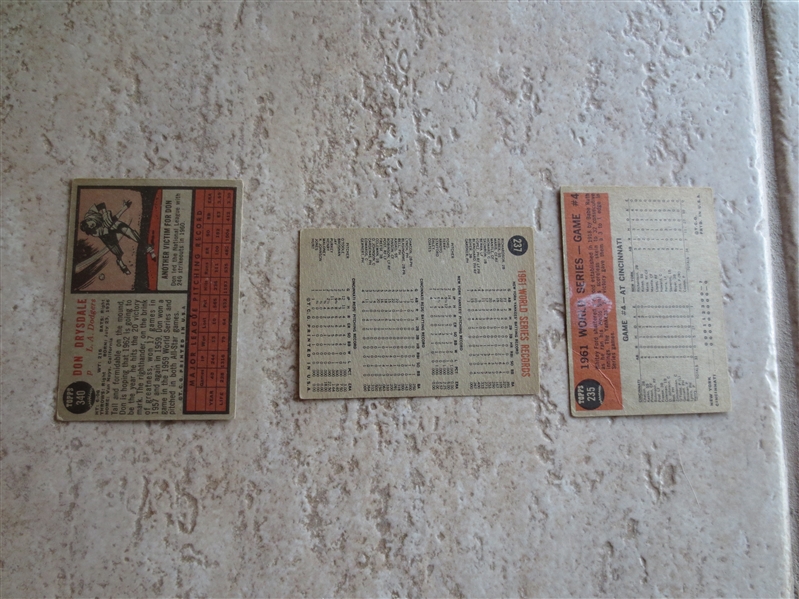 (3) 1962 Topps Don Drysdale and World Series Baseball Cards in affordable condition