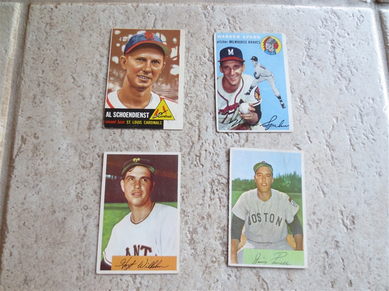 Three 1950's Baseball Cards of Hall of  Famers plus 1954 Bowman Jim Piersall baseball cards 