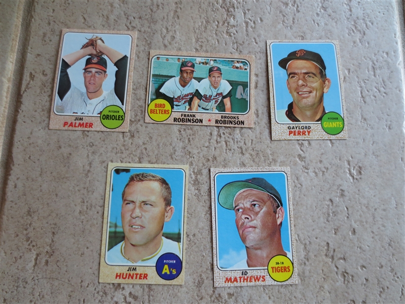 (5) 1968 Topps Hall of Famer Baseball Cards in beautiful condition: Palmer, Robinson, Mathews, Hunter, Perry