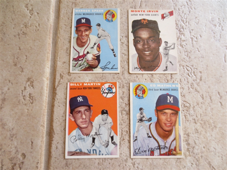(4) different 1954 Topps Baseball Hall of Famer Cards: Spahn, Mathews, Martin, and Irvin