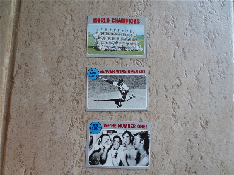 (3) 1970 Topps Baseball Cards in Great Condition: World Champs, Seaver Wins, and Mets Celebrate