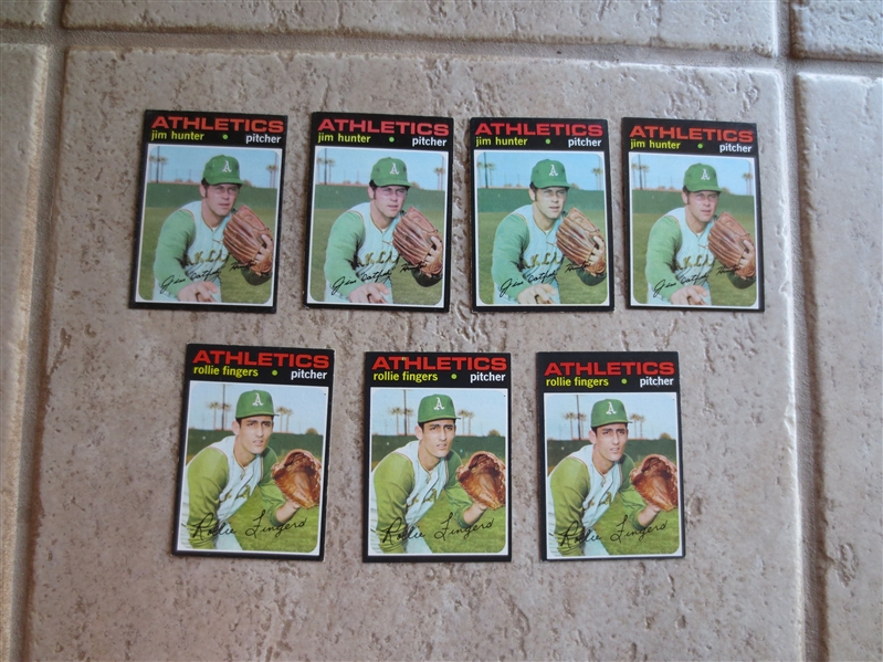 (7) 1971 Topps Baseball Cards of Hall of Famers Jim Hunter and Rollie Fingers