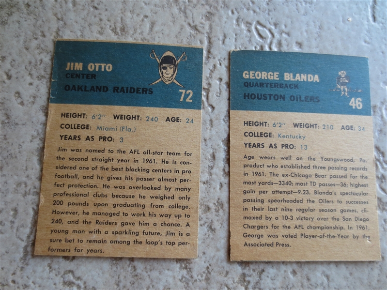 1962 Fleer George Blanda and Jim Otto Football Cards in Affordable Condition