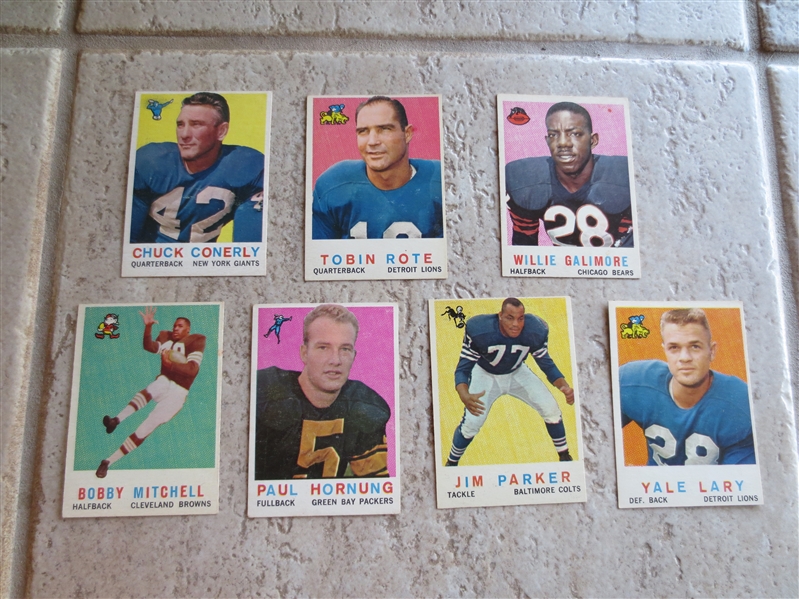 (7) 1959 Topps Football Star Cards:  Hornung,, Lary, Parker rookie, Mitchell rookie, Conerly, Tobin Rote, Galimore