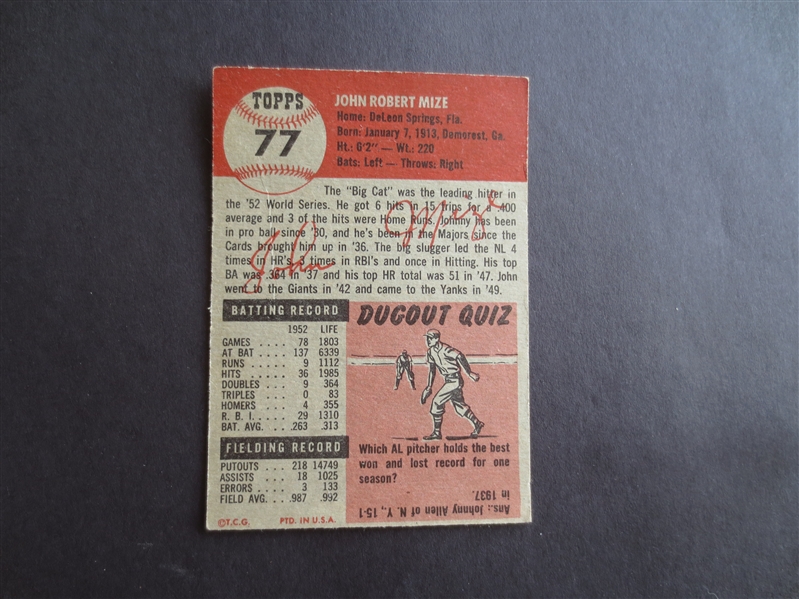 1953 Topps John Mize baseball card in nice condition Hall of Famer #77