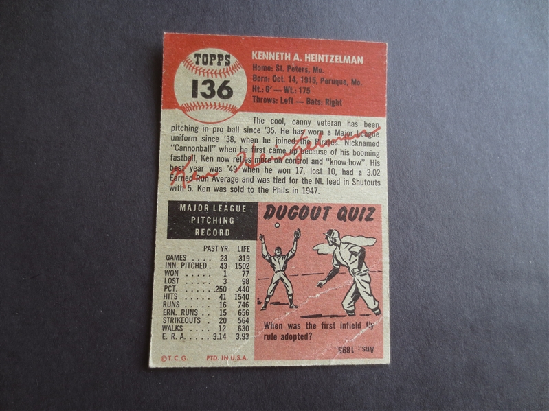 1953 Topps Ken Heintzelman baseball card in affordable condition #136