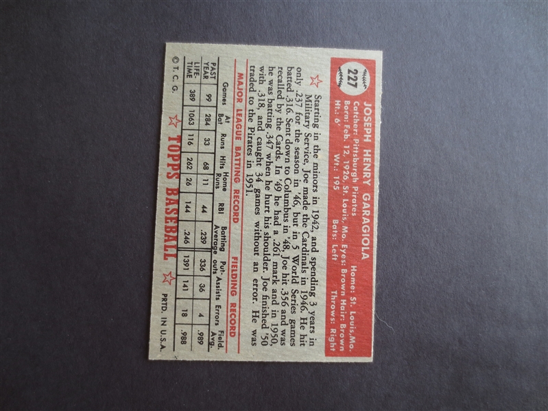 1952 Topps Joe Garagiola baseball card #227 in very nice condition
