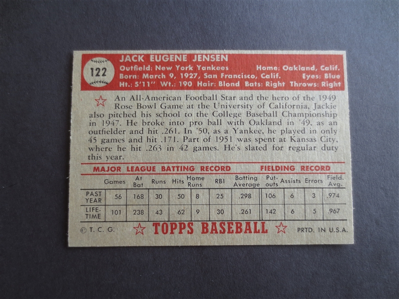 1952 Topps Jack Jensen baseball card #122 in affordable condition due to centering