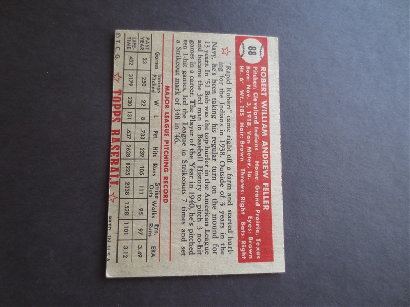 1952 Topps Bob Feller Baseball Card #88 in excellent condition       5