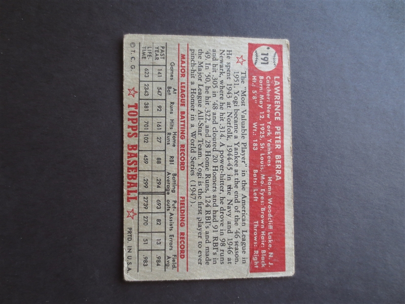 1952 Topps Yogi Berra Baseball Card in affordable condition #191 Hall of Famer     3