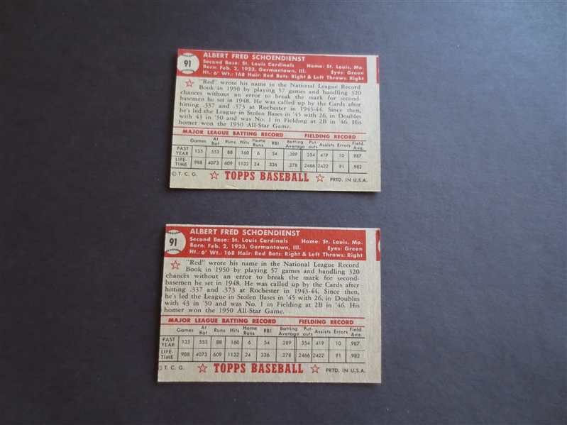 (2) 1952 Topps Al Red Schoendienst baseball cards in sharp condition but off center   Hall of Famer!