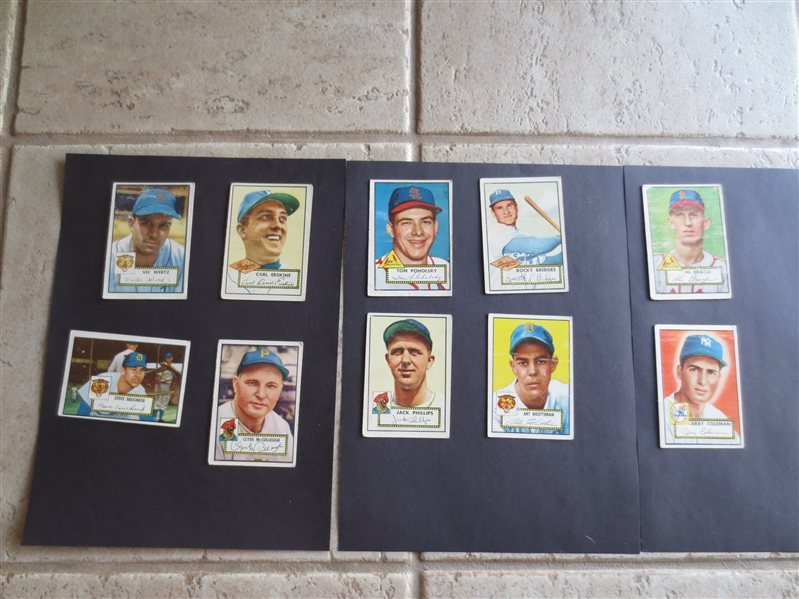 (10) different 1952 Topps Baseball Cards in affordable condition including Jerry Coleman, Erskine and Wertz