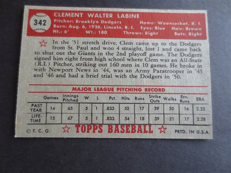 1952 Topps Clem Labine High Number #342 Baseball Card in Beautiful Condition