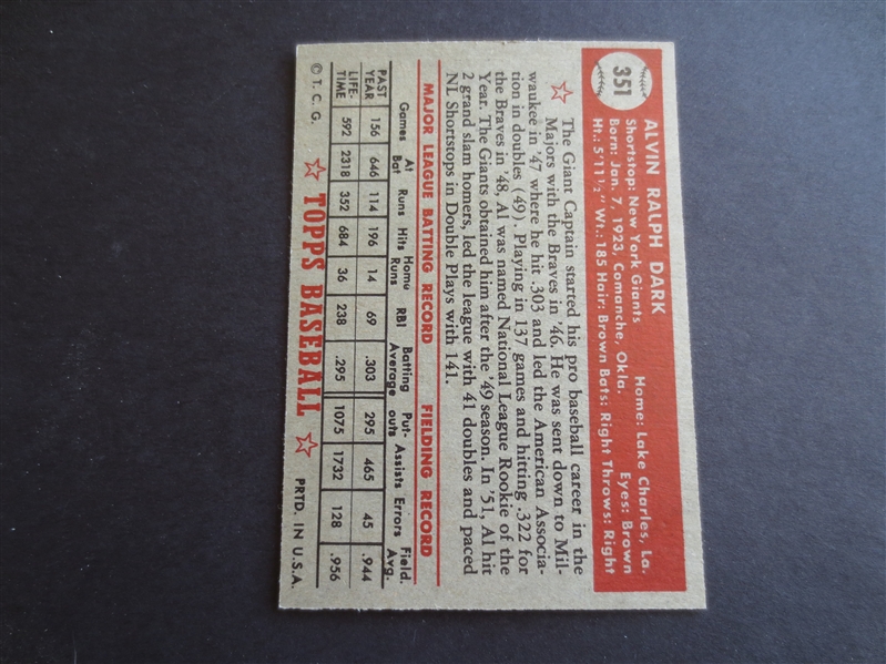 1952 Topps Al Dark High Number #351 Baseball Card in Great Condition!