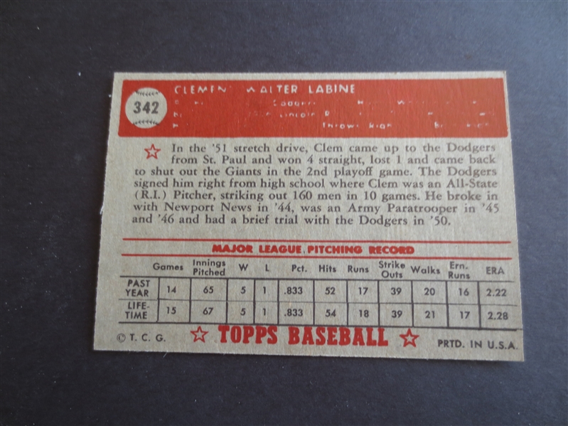 1952 Topps Clem Labine High Number #342 Baseball Card in very nice condition