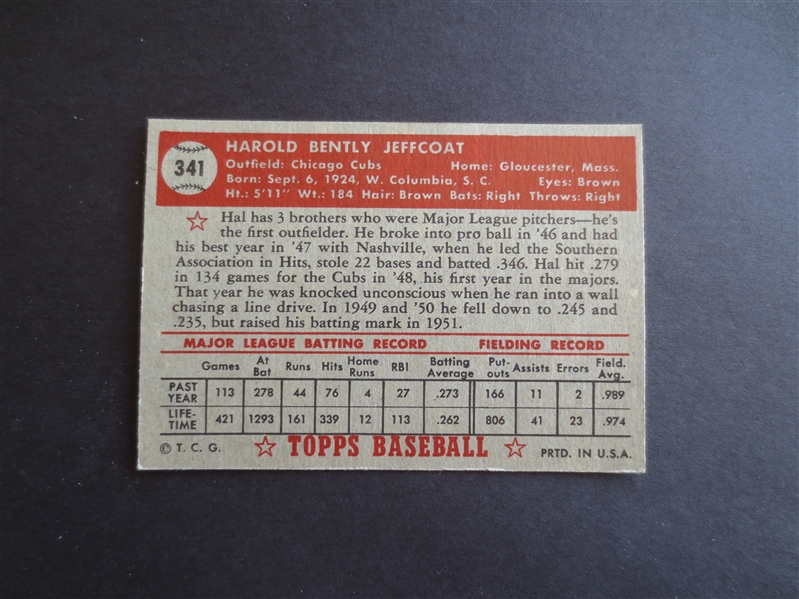 1952 Topps Hal Jeffcoat High Number #341 Baseball Card---A Beauty!