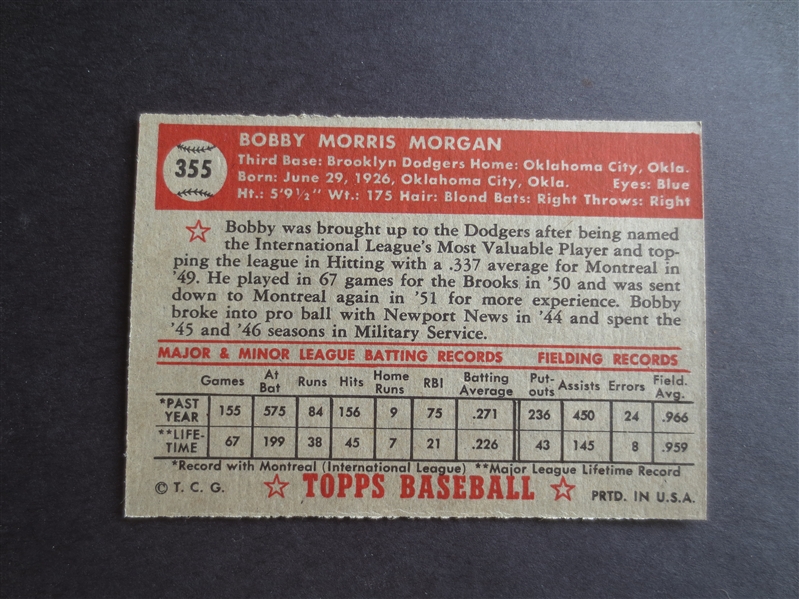 1952 Topps Bobby Morgan High Number #355 Baseball Card in great condition             75