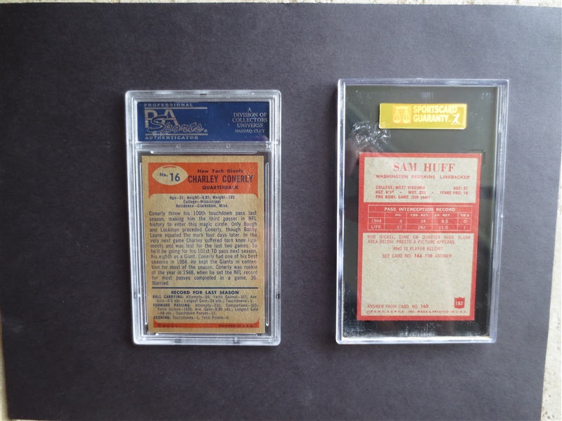 1955 Bowman Charley Conerly #16 PSA 6 ex-mt and 1965 Philadelphia Sam Huff #187 SGC 88 nmt-mt football cards 