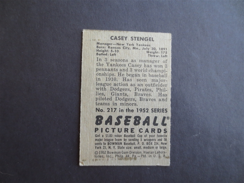 1952 Bowman Casey Stengel Baseball Card #217 in Affordable Condition