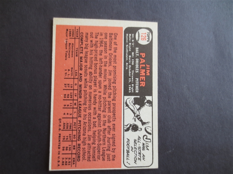 1966 Topps Jim Palmer Rookie Baseball Card #126 in very nice condition!