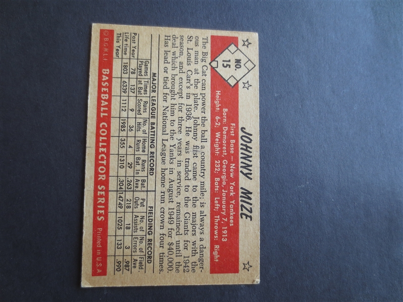 1953 Bowman Black and White Johnny Mize Baseball Card in Very Nice Condition #15