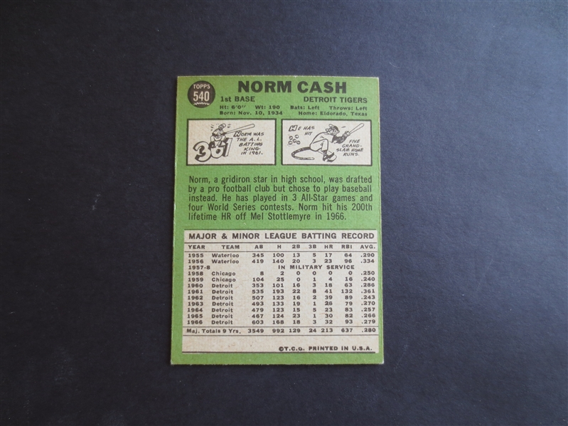 1967 Topps Norm Cash High Number #540 baseball card in beautiful condition