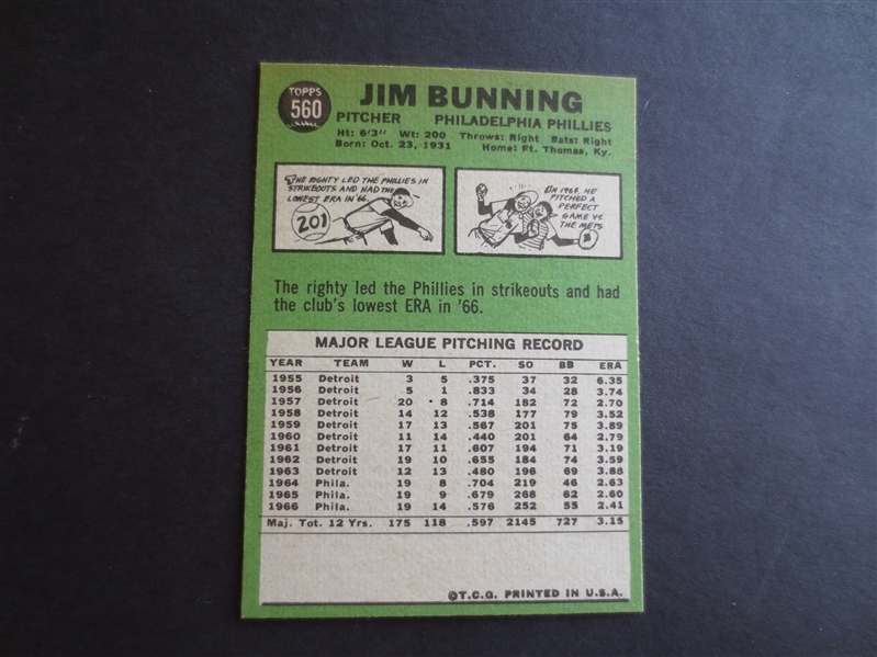 1967 Topps Jim Bunning High Number #560 baseball card in beautiful condition