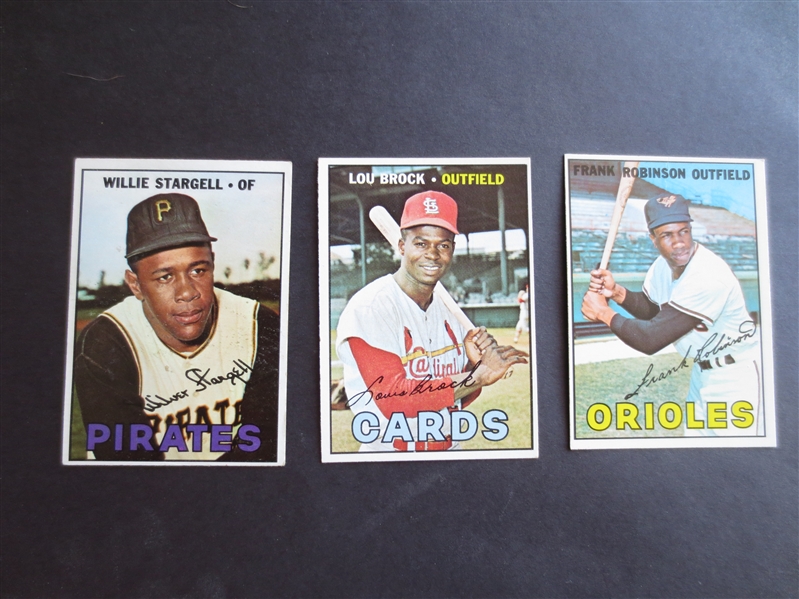 (3) 1967 Topps Hall of Famer baseball cards in very nice condition:  Frank Robinson, Willie Stargell, and Lou Brock