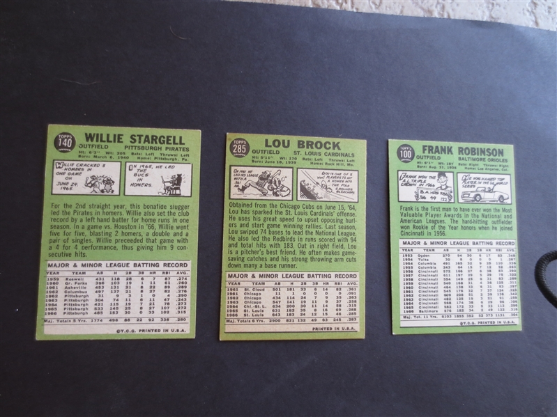 (3) 1967 Topps Hall of Famer baseball cards in very nice condition:  Frank Robinson, Willie Stargell, and Lou Brock