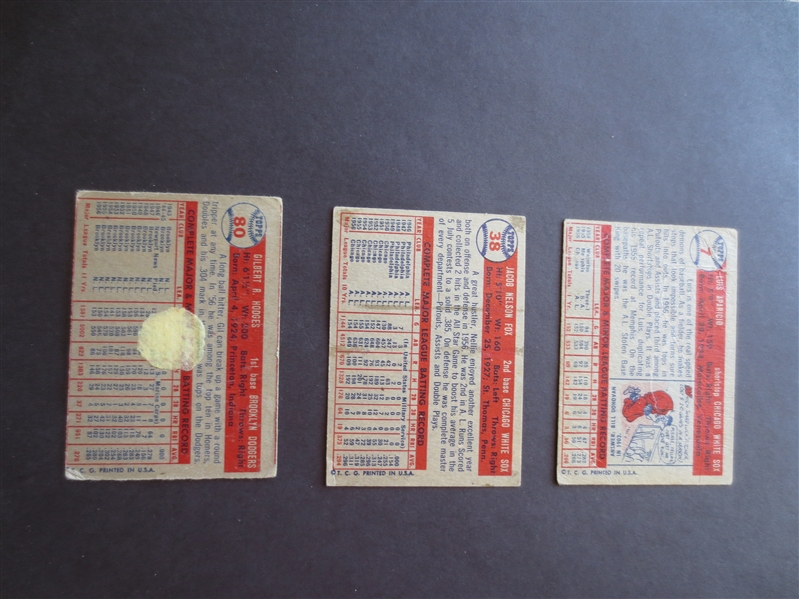(3) 1957 Topps Superstar Baseball Cards in affordable condition: Hodges, Fox, and Aparicio