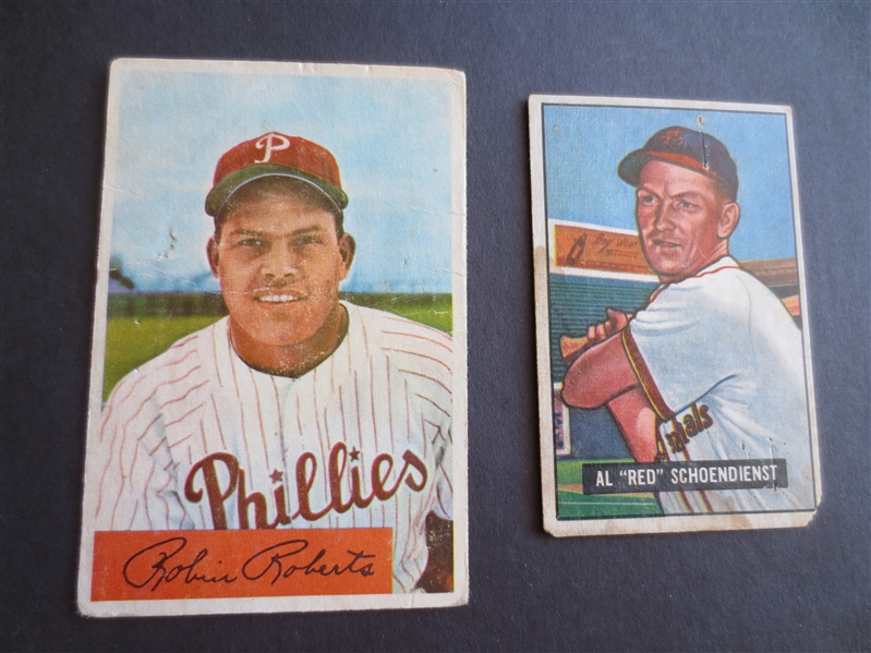 1951 Bowman Red Schoendienst + 1954 Bowman Robin Roberts baseball cards in affordable condition