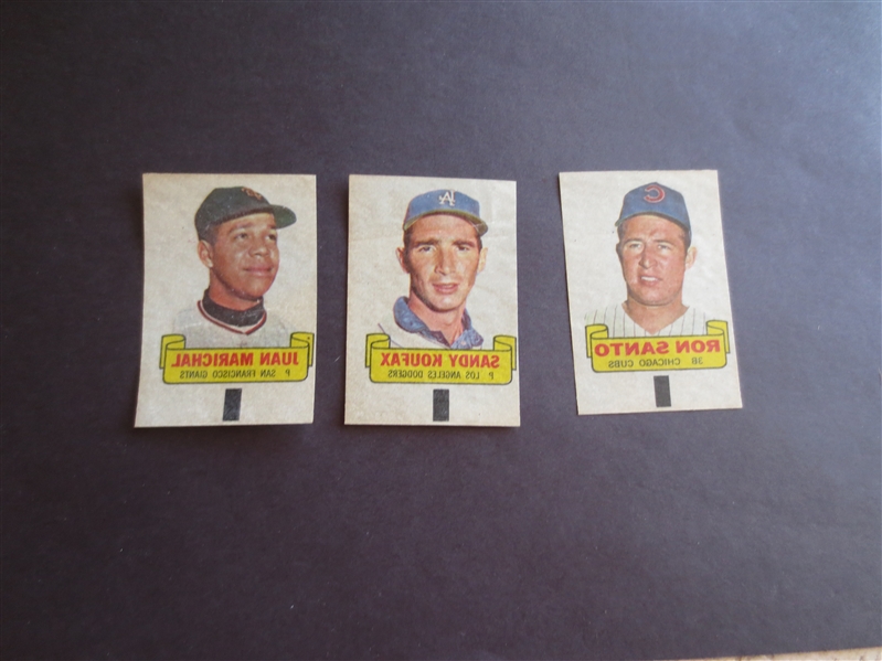 (3) 1966 Topps Baseball Rub-Offs of Sandy Koufax, Juan Marichal, and Ron Santo in affordable condition