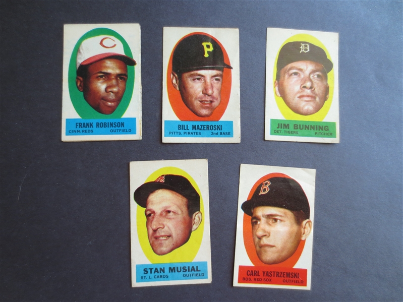 (5) 1963 Topps Peel-Offs of Hall of Famers: Musial, Yaz, Maz, Frank Robinson, and Bunning in affordable condition