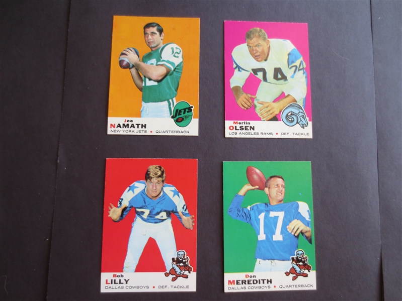 (4) 1969 Topps Hall of Famer football cards in great condition including Namath