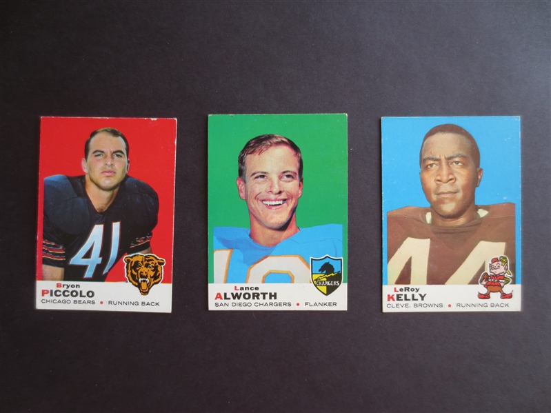 1969 Topps Bryon Piccolo rookie, Lance Alworth, and LeRoy Kelly football cards in nice condition