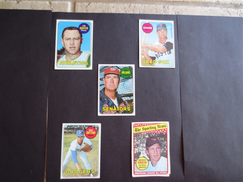 (5) 1969 Topps Hall of Famers Baseball Cards in assorted condition:  Hunter. Yaz, Ted Williams, Sutton, Brooks Robinson