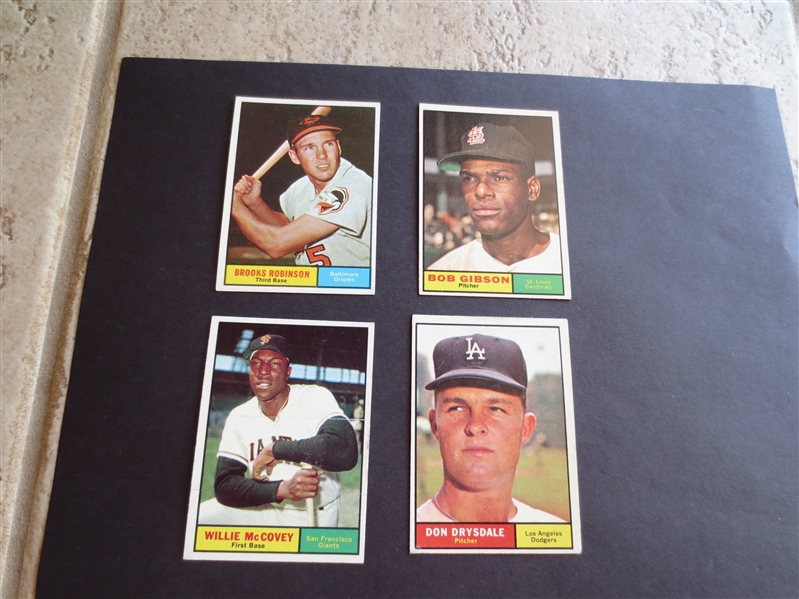 (4) 1961 Topps Hall of Famer baseball card in nice shape!---Gibson, McCovey, Drysdale, Brooks