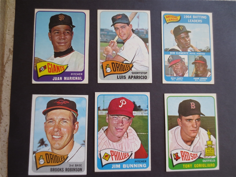 (6) 1965 Topps Baseball Cards Picturing Superstars in very nice shape!---Brooks Roby, Marichal, Clemente, Aparicio, Bunning, Conigliaro