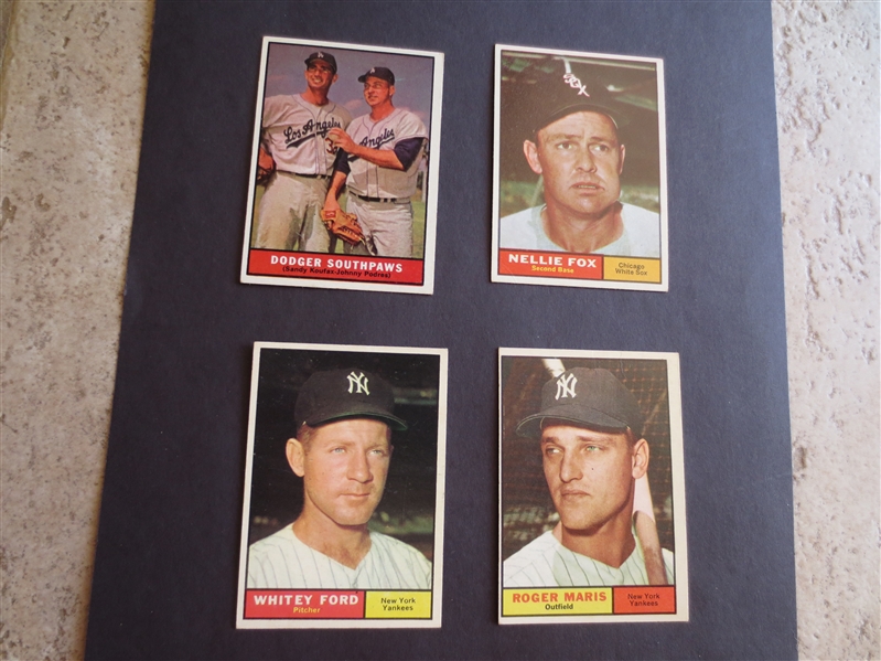 1961 Topps Dodger Southpaws (Koufax), Maris, Ford, and Fox baseball cards in nice condition