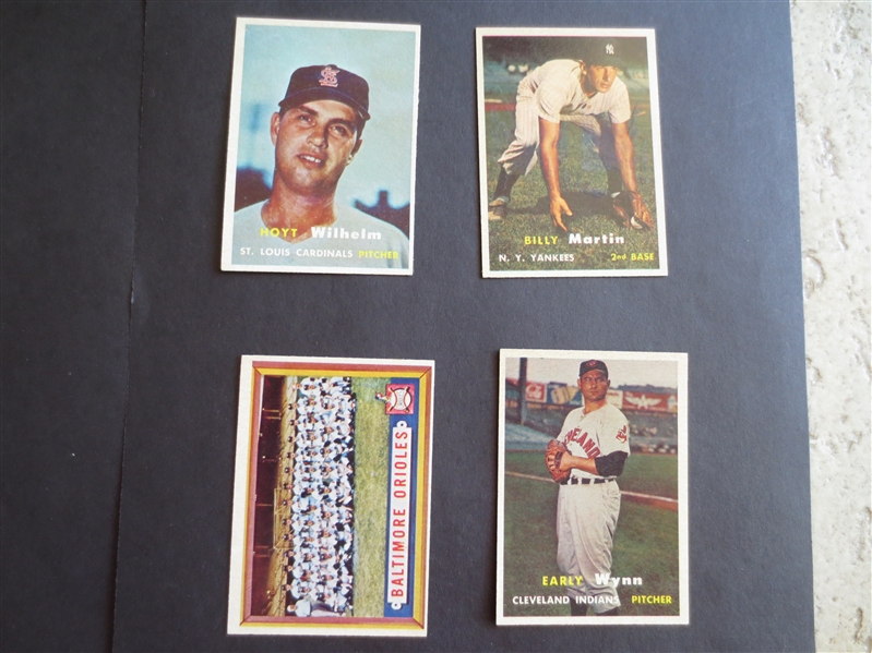 (4) 1957 Topps Baseball Cards in great condition:  Wynn, Wilhelm, Martin, Orioles team