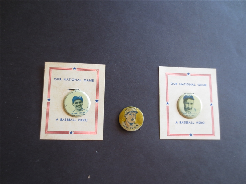 1938 Our National Game Pins of Frank Crosetti and Bump Hadley plus a Goose Goslin Pin