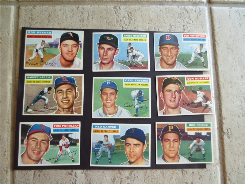 (9) 1956 Topps Baseball Cards in Beautiful Condition including Erskine and Friend