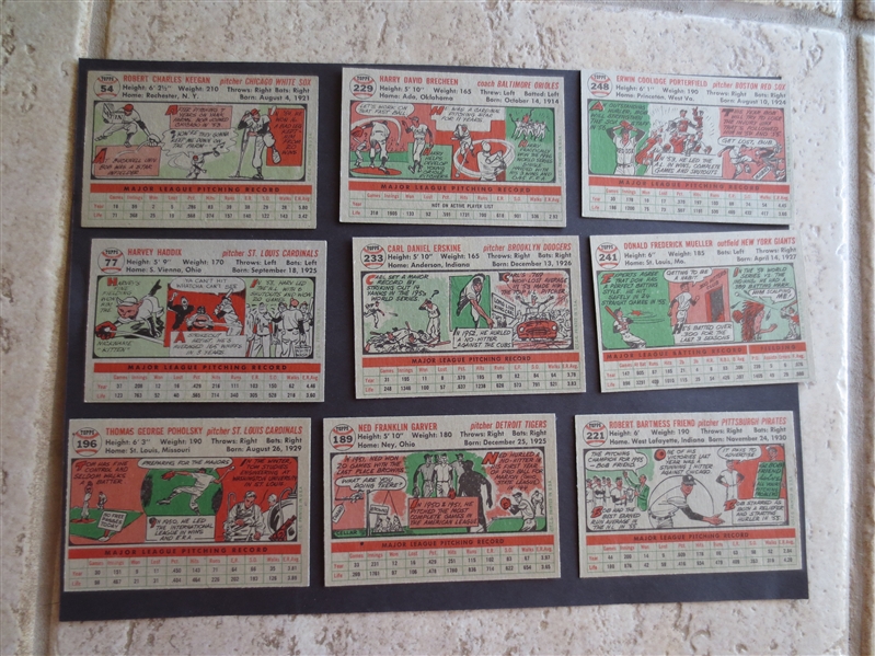 (9) 1956 Topps Baseball Cards in Beautiful Condition including Erskine and Friend