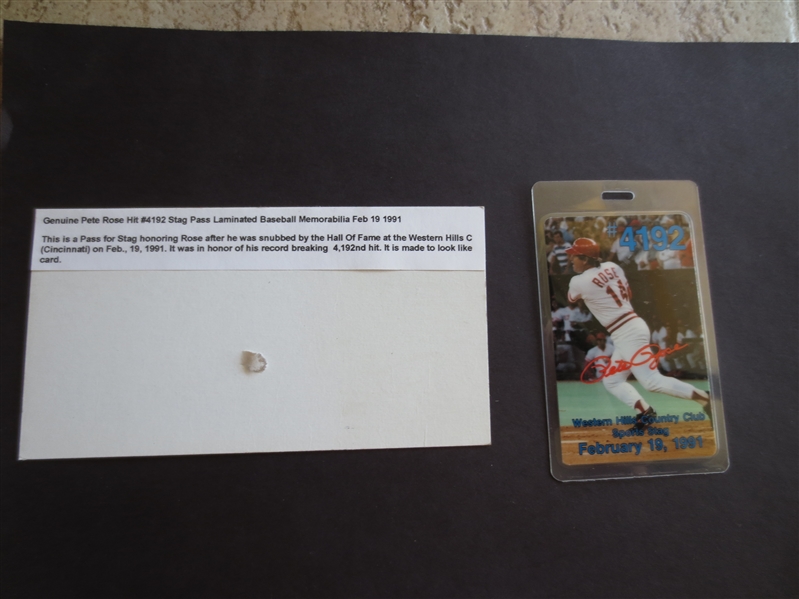 1991 Pete Rose Hit #4192 Stag Pass Laminated at Western Hills Country Club
