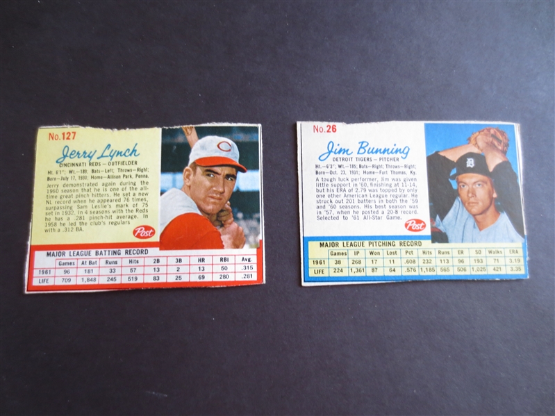 (2) Very Tough To Find 1962 Post Cereal Baseball Cards:  Jim Bunning #26, and Jerry Lynch #127